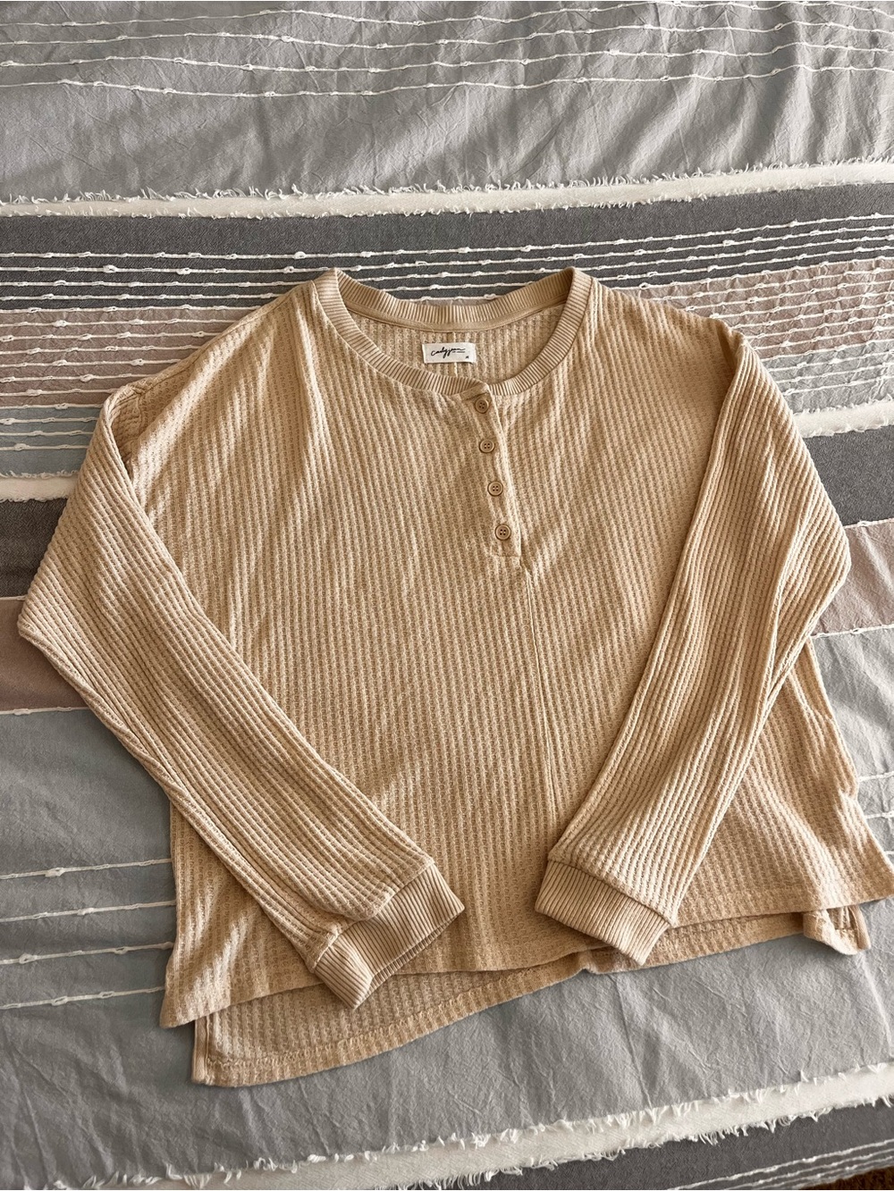 Carly Jean Beige Waffle Henley Button-Down Top